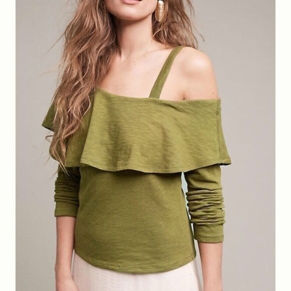 Anthropologie Postmark Ruffled One Shoulder Top Long Sleeve Olive Green Size XS‎